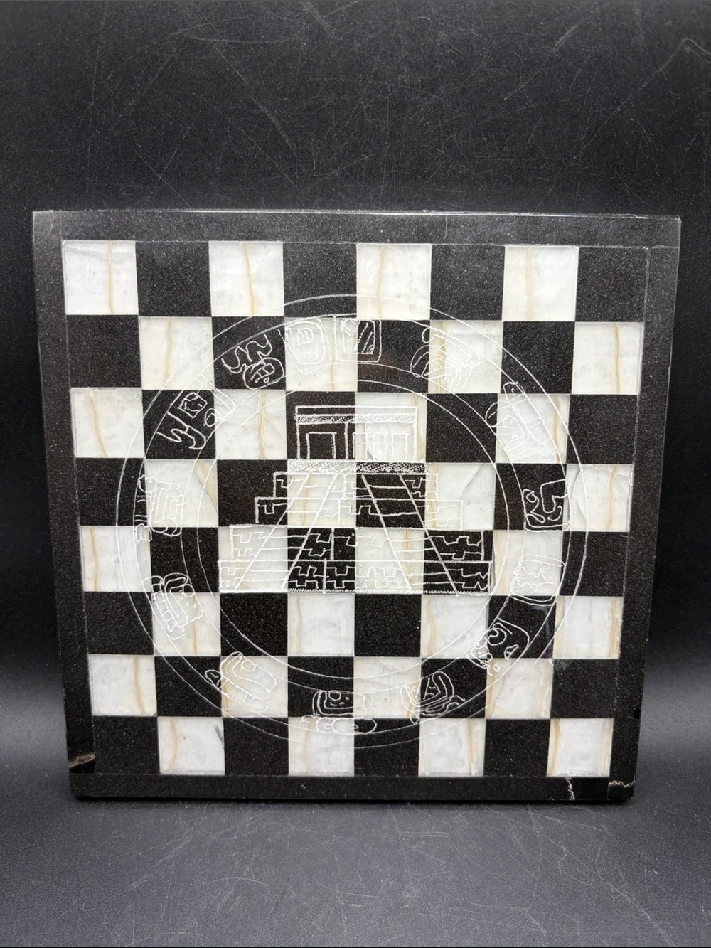 Black & White Stone Etched Mayan Pyramid Motif Chessboard Game Board Home Decor